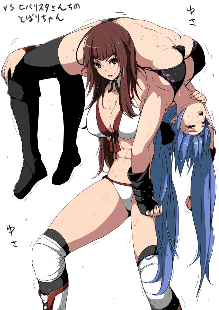 2girls, abs, bangs, bikini_top, black_gloves, black_legwear, black_shoes, blue_hair