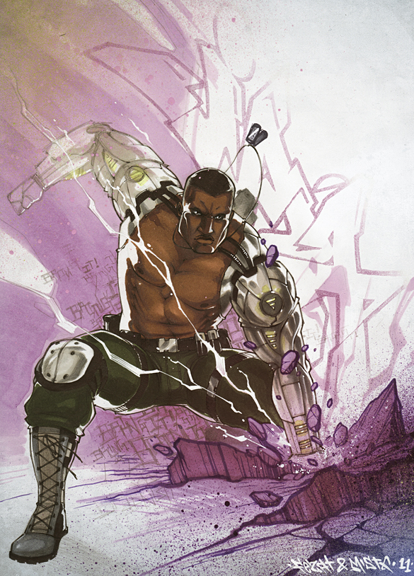 1boy, abs, boots, dark_skin, fezat, graffiti, jackson_briggs, jewelry, marker_(medium), mortal_kombat, necklace, shirtless, solo, traditional_media