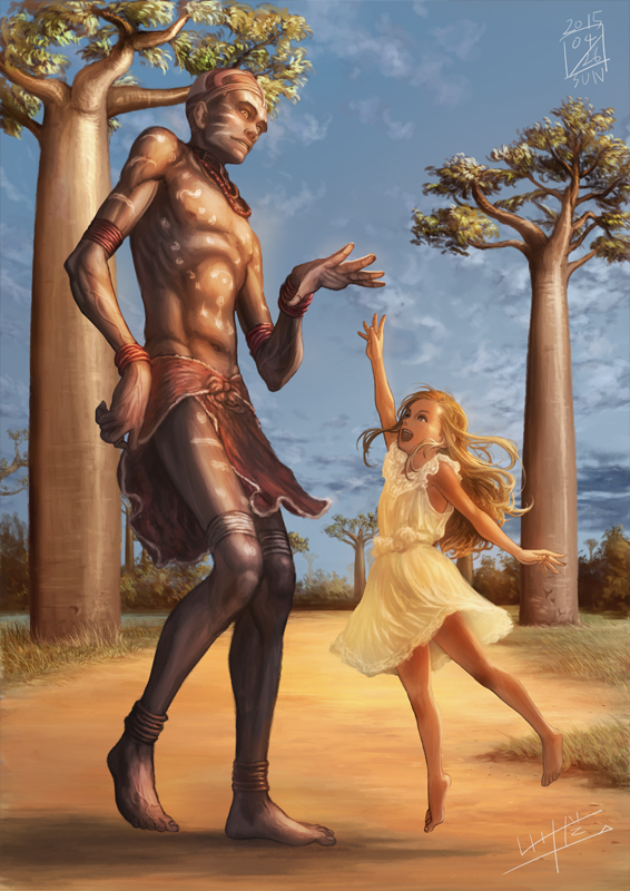 1boy, 1girl, arm_up, barefoot, blonde_hair, blue_sky, bodypaint, clouds
