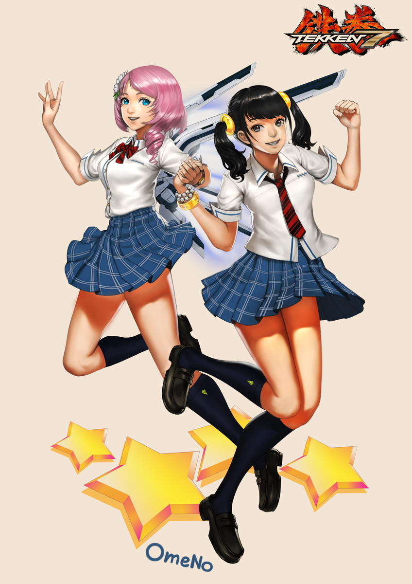 2girls, alisa_boskonovich, alternate_costume, asymmetrical_hair, bangle, black_hair, black_kneehighs, black_legwear, blue_eyes, bracelet, breasts, brown_eyes, clenched_hand, collared_shirt, copyright_name, digitalome, drill_hair, eyelashes, female, full_body, grin, highres, holding_hands, jewelry, kneehighs, leg_up, ling_xiaoyu, loafers, long_hair, mechanical_wings, multicolored_hair, multiple_girls, namco, necktie, pink_hair, plaid, plaid_skirt, pleated_skirt, purple_hair, school_uniform, scrunchie, shoes, skirt, sleeves_folded_up, smile, star_(symbol), tekken, tekken:_blood_vengeance, thrusters, twintails, two-tone_hair, two-tone_necktie, two-tone_neckwear, wings