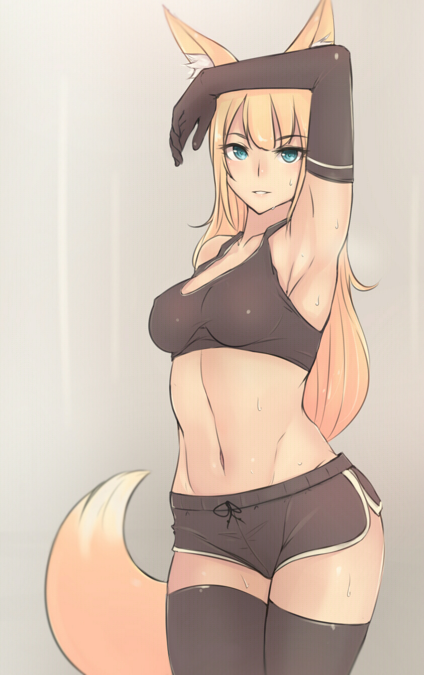 1girl, animal_ears, arm_up, armpits, black_gloves, black_legwear, blonde_hair, blue_eyes