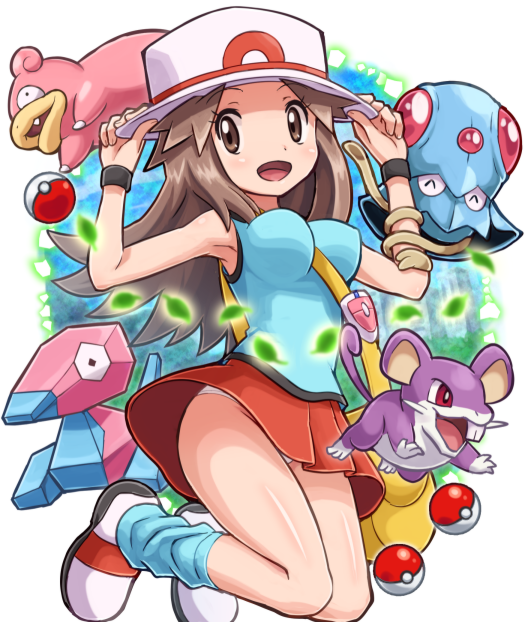 1girl, armband, armpits, blue_(pokemon), breasts, brown_eyes, brown_hair, hat