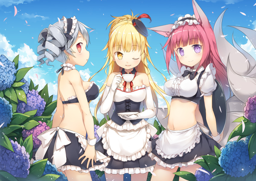 animal_ears, bikini_top, blonde_hair, blue_sky, braiding_hair, collar, curly_hair, garden