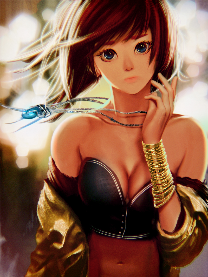 1girl, backlighting, bare_shoulders, blue_eyes, borrowed_character, bracelet, breasts, buttons