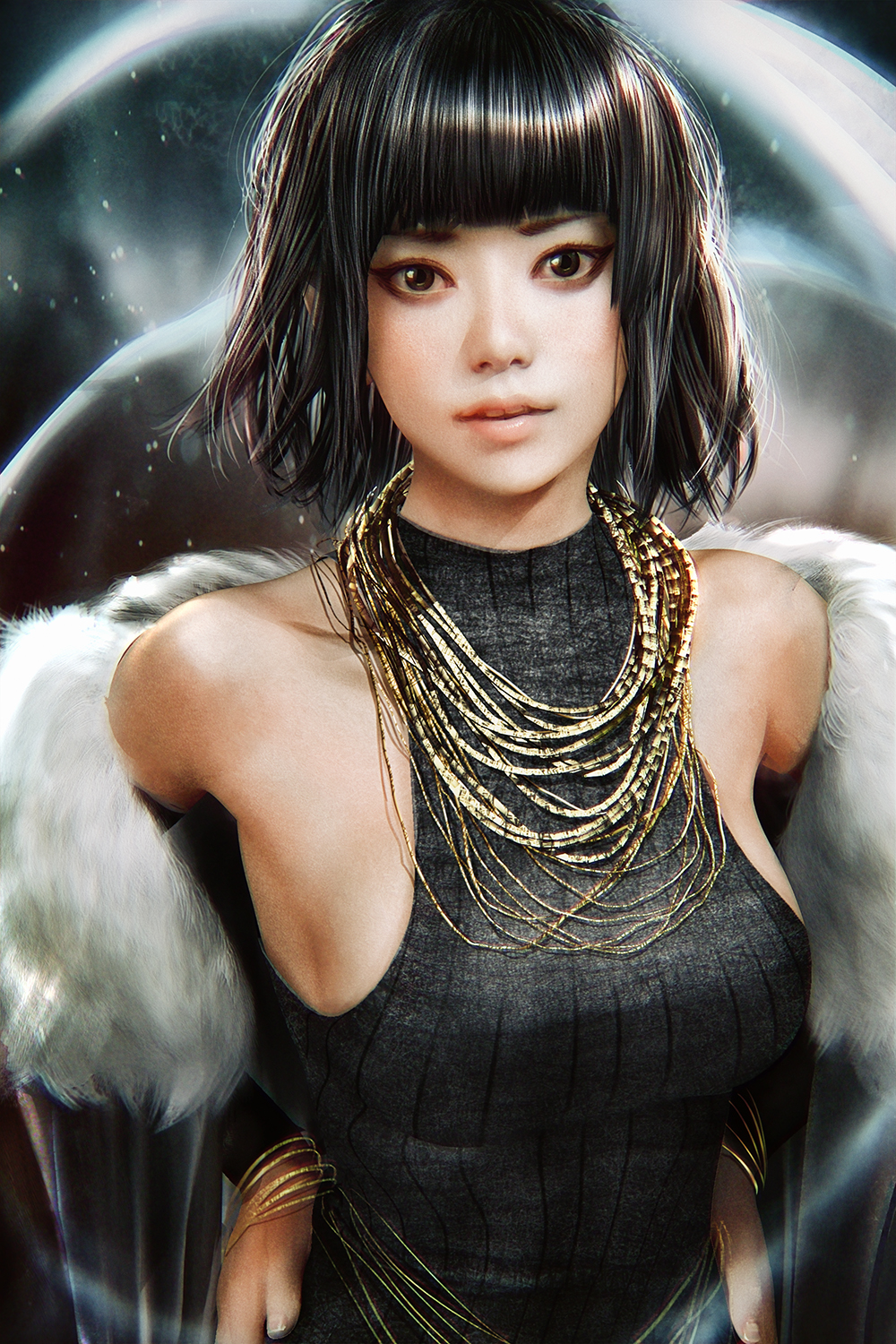 1girl, bangs, bare_shoulders, black_dress, black_hair, blunt_bangs, bracelet, breasts