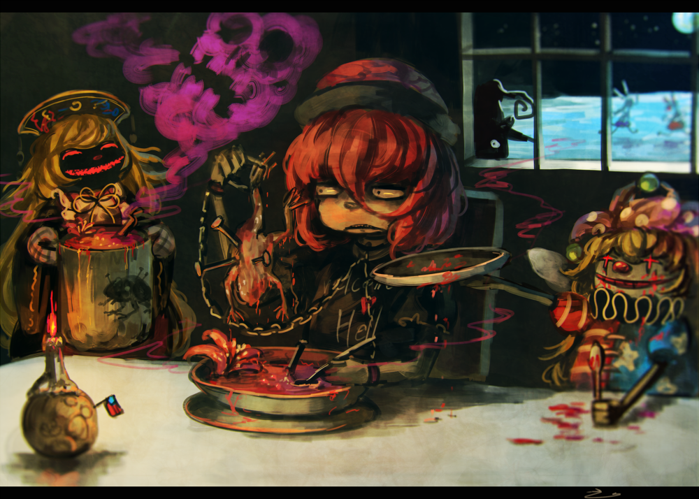 5girls, american_flag_shirt, apron, black_dress, black_shirt, blonde_hair, bowl, candle