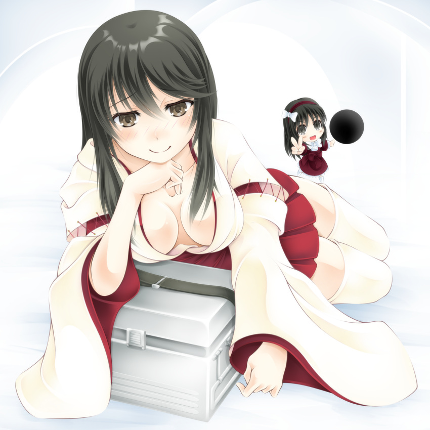 >:d, 2girls, :d, black_eyes, black_hair, blush, boldcats, box