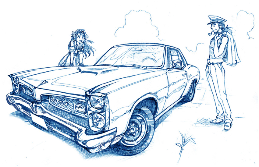 1boy, 1girl, :d, admiral_(kantai_collection), bbb_(friskuser), car, commentary_request, detached_sleeves