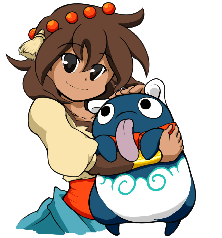 1girl, ajna_(indivisible), beads, hug, indivisible, roti_(indivisible), solo, tongue