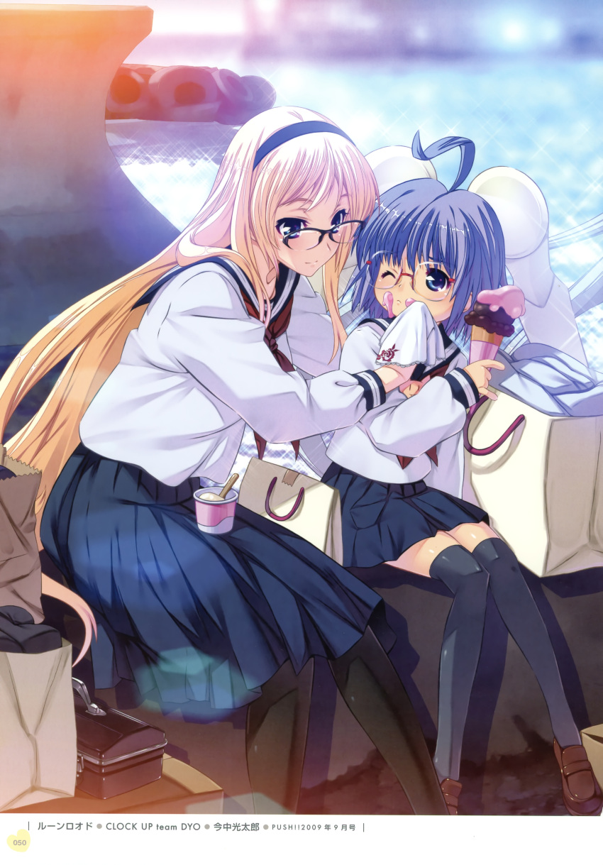 2girls, absurdres, anette_gabriel, blonde_hair, blue_eyes, blue_hair, food, giselle_olympiada