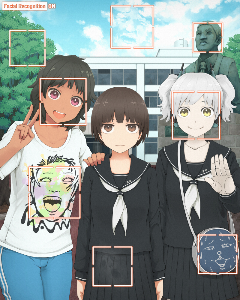 3girls, :d, android, bag, black_hair, brown_eyes, clouds, dark_skin, expressionless, facial_recognition, ghost, handbag, multiple_girls, open_mouth, original, robot_ears, robot_joints, school, school_uniform, serafuku, shirt, short_hair, short_twintails, sky, smile, standing, statue, t-shirt, tree, twintails, v, white_hair, yajirushi_(chanoma)