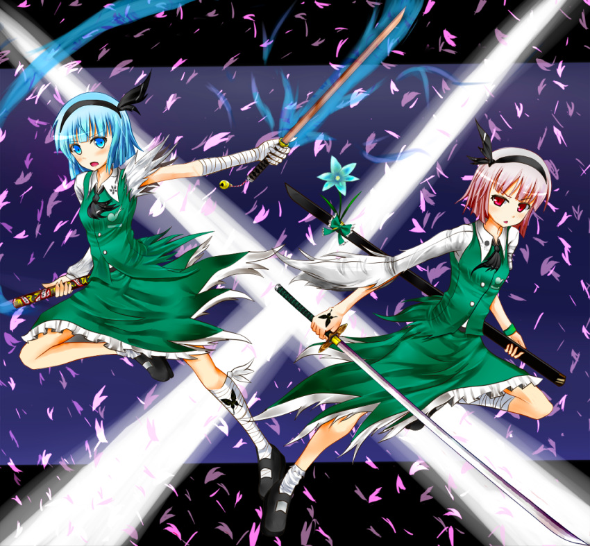 2girls, blue_eyes, blue_hair, cherry_blossoms, dual_persona, facominn, hairband, katana