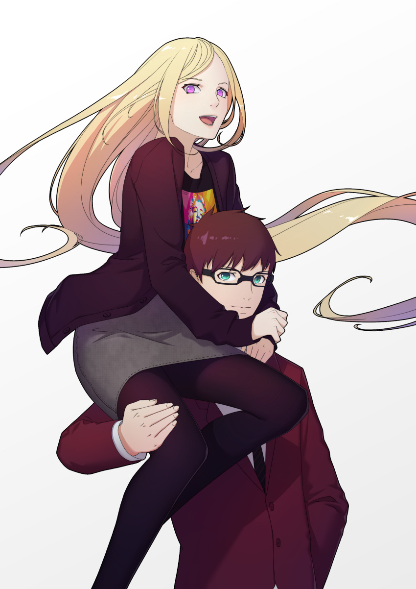 1boy, 1girl, :d, arm_around_neck, bangs, bishamonten_(noragami), black-framed_glasses, black_legwear