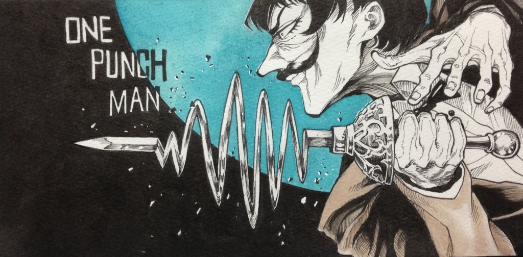 1boy, copyright_name, facial_hair, formal, limited_palette, mustache, oimosan, onepunch_man, profile, rapier, spring_mustachio, suit, sword, tagme, weapon