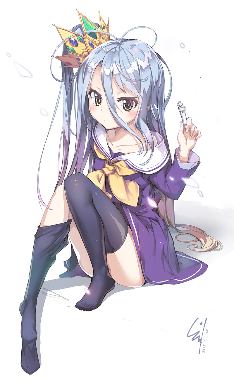 1girl, :<, antenna_hair, bare_shoulders, black_legwear, blue_hair, chess_piece, crown