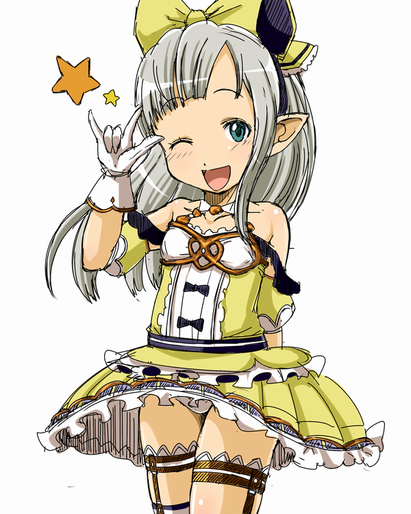 1girl, ;d, \m/, aqua_eyes, bare_shoulders, blush, bow, collarbone