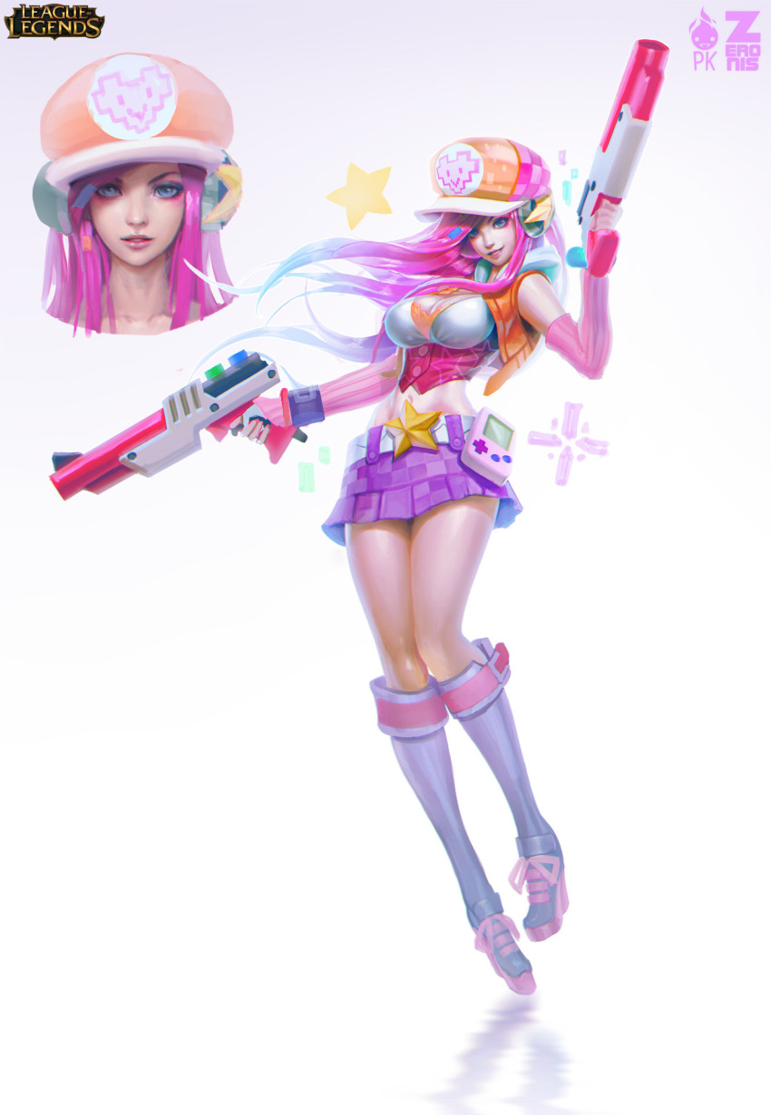 1girl, alternate_costume, arcade_(league_of_legends), artist_name, blue_eyes, boots, breasts, cabbie_hat, cleavage, detached_sleeves, dual_wielding, full_body, game_boy, handheld_game_console, hat, highres, hoodie, large_breasts, league_of_legends, light_gun, long_hair, looking_at_viewer, midriff, navel, parted_lips, paul_kwon, pink_hair, sarah_fortune, skirt, smile, solo, standing, star, vest, white_background