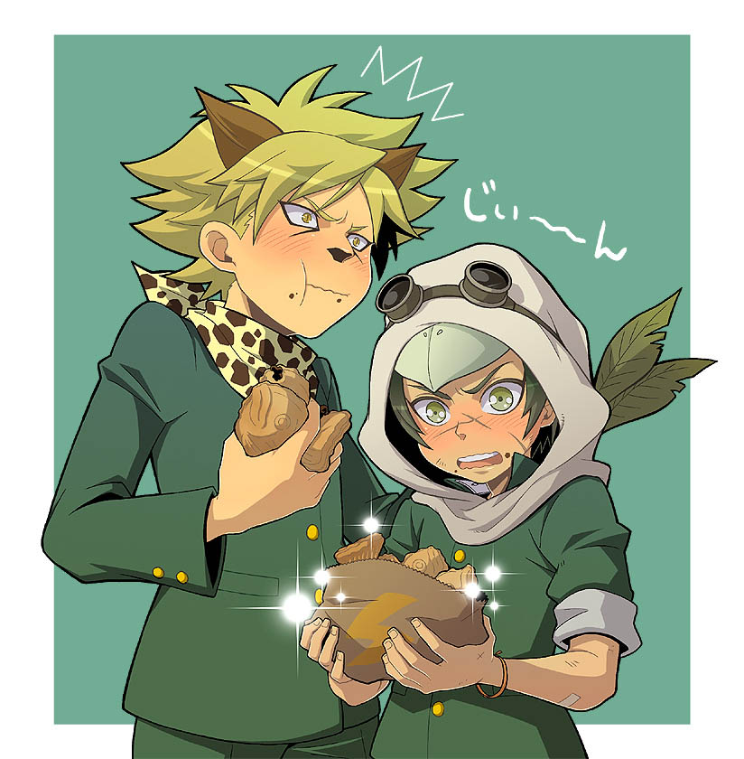 bantrain, blonde_hair, food, green_eyes, male, togatsuko