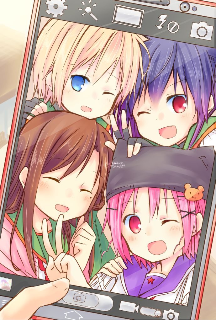 4girls, blonde_hair, blue_eyes, blue_hair, brown_hair, cellphone, closed_eyes, ebisuzawa_kurumi