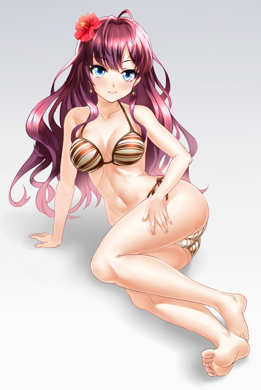 1girl, :3, arm_support, barefoot, bikini, blue_eyes, breasts, brown_hair