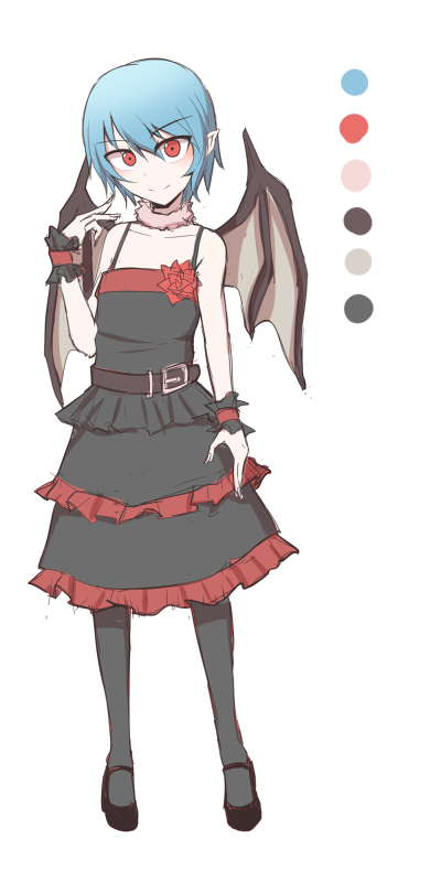 1girl, alternate_costume, bat_wings, belt, blue_hair, blush, character_sheet, color_palette