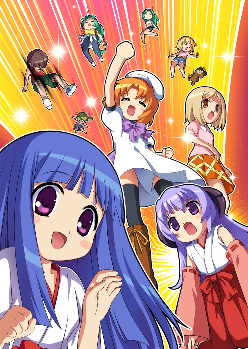 1boy, 6+girls, artist_request, blonde_hair, blue_hair, blush_stickers, boots, closed_eyes