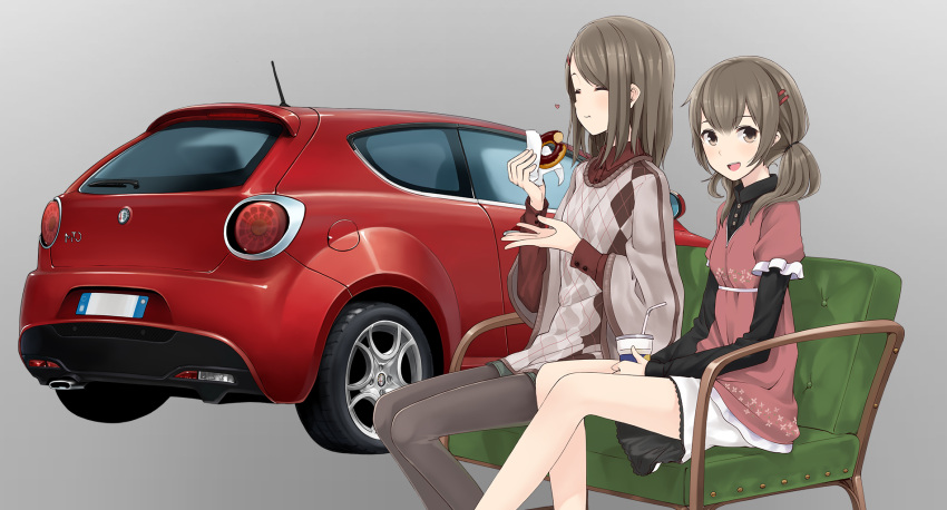 2girls, :d, ^_^, alfa_romeo, alfa_romeo_mito, argyle, argyle_sweater, black_legwear, blouse, brown_hair, car, closed_eyes, collared_shirt, couch, couzone, cup, doughnut, dress, drinking_glass, drinking_straw, eating, eyebrows, eyebrows_visible_through_hair, food, grey_background, hair_ornament, hairclip, highres, long_sleeves, looking_at_viewer, motor_vehicle, multiple_girls, open_mouth, original, pantyhose, shirt, short_shorts, shorts, simple_background, sitting, skirt, smile, sweater, tissue, vehicle