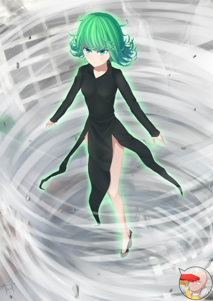 1boy, 1girl, absurdres, black_dress, curly_hair, dress, flying, glowing