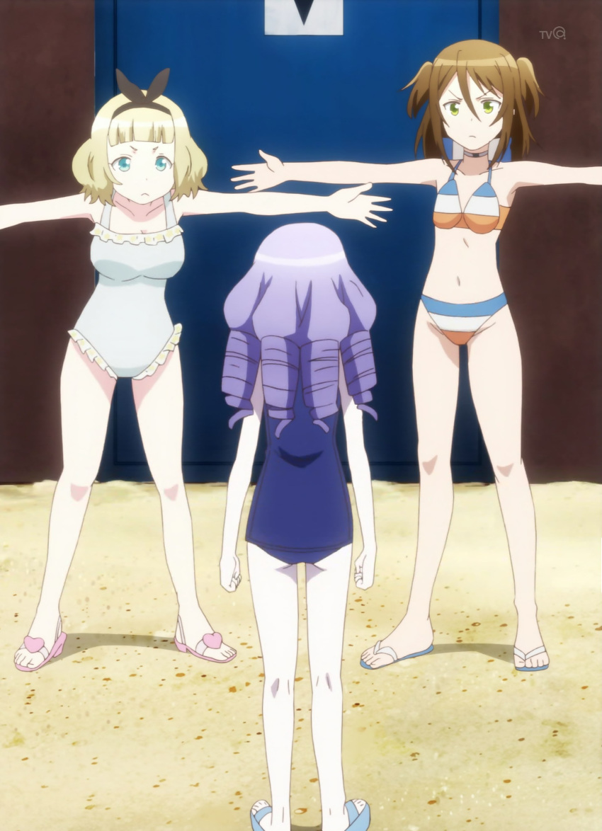 3girls, absurdres, bikini, highres, lapis_lazuli_(taimadou_gakuen), multiple_girls, nikaidou_mari, one-piece_swimsuit
