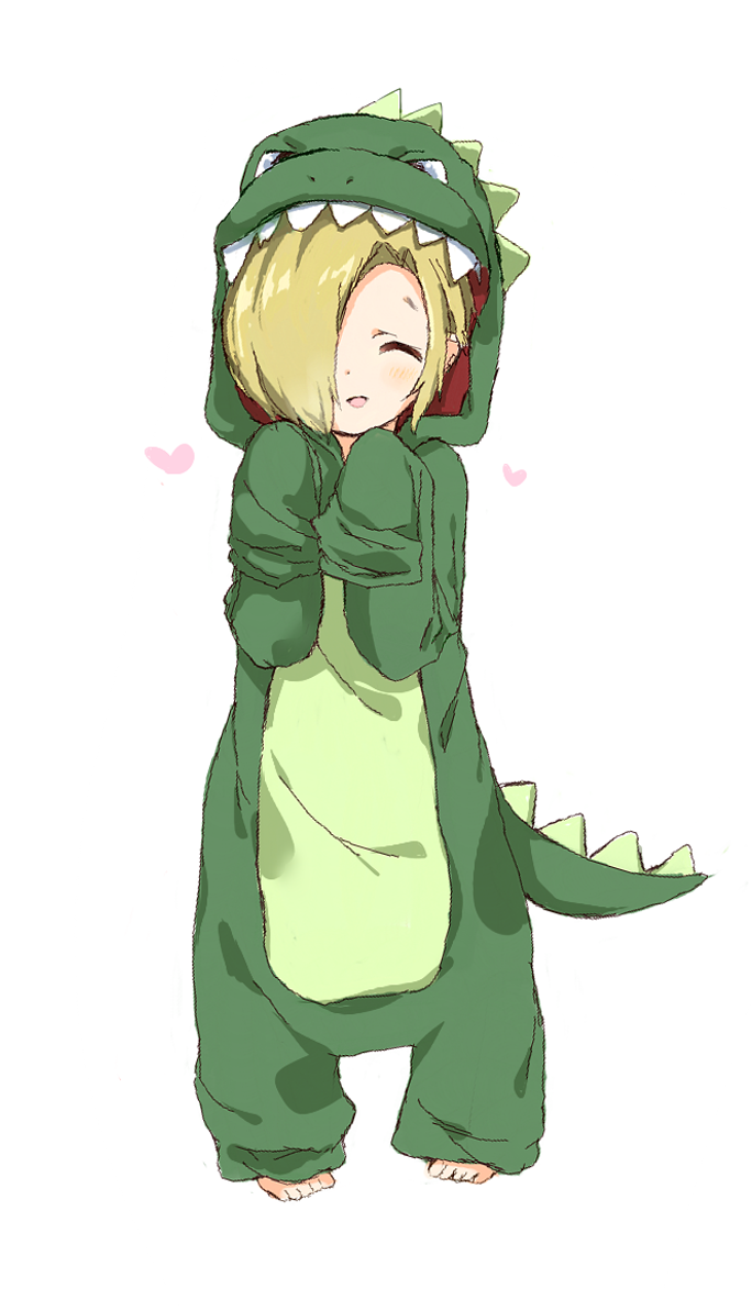 1girl, animal_costume, bags_under_eyes, barefoot, blonde_hair, blush, caracorn, closed_eyes, dinosaur_costume, earrings, hair_over_one_eye, idolmaster, idolmaster_cinderella_girls, jewelry, open_mouth, shirasaka_koume, short_hair, sleeves_past_wrists, smile, solo