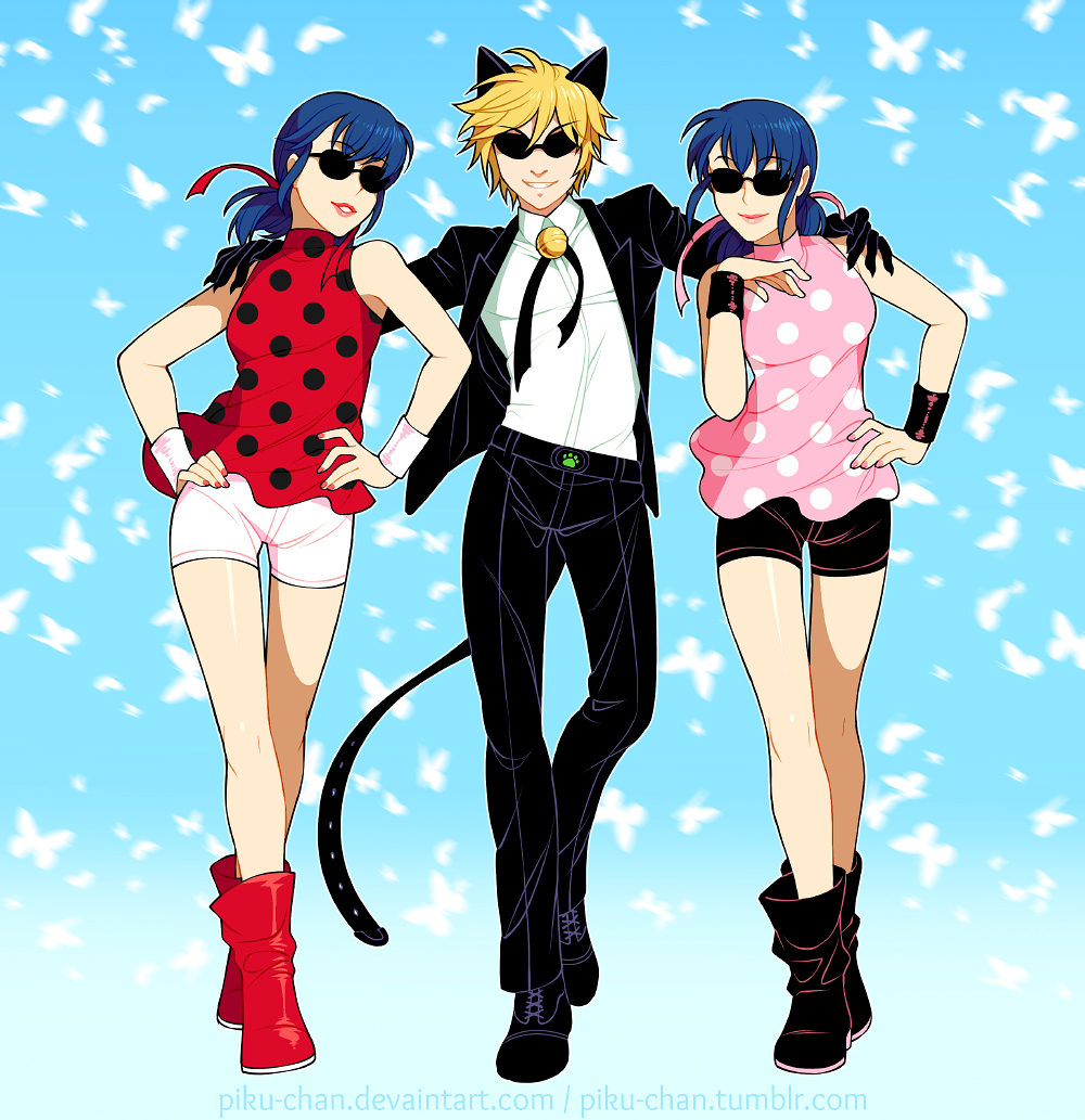 1boy, 2girls, adrien_agreste, blonde_hair, blue_hair, chat_noir, dual_persona, formal
