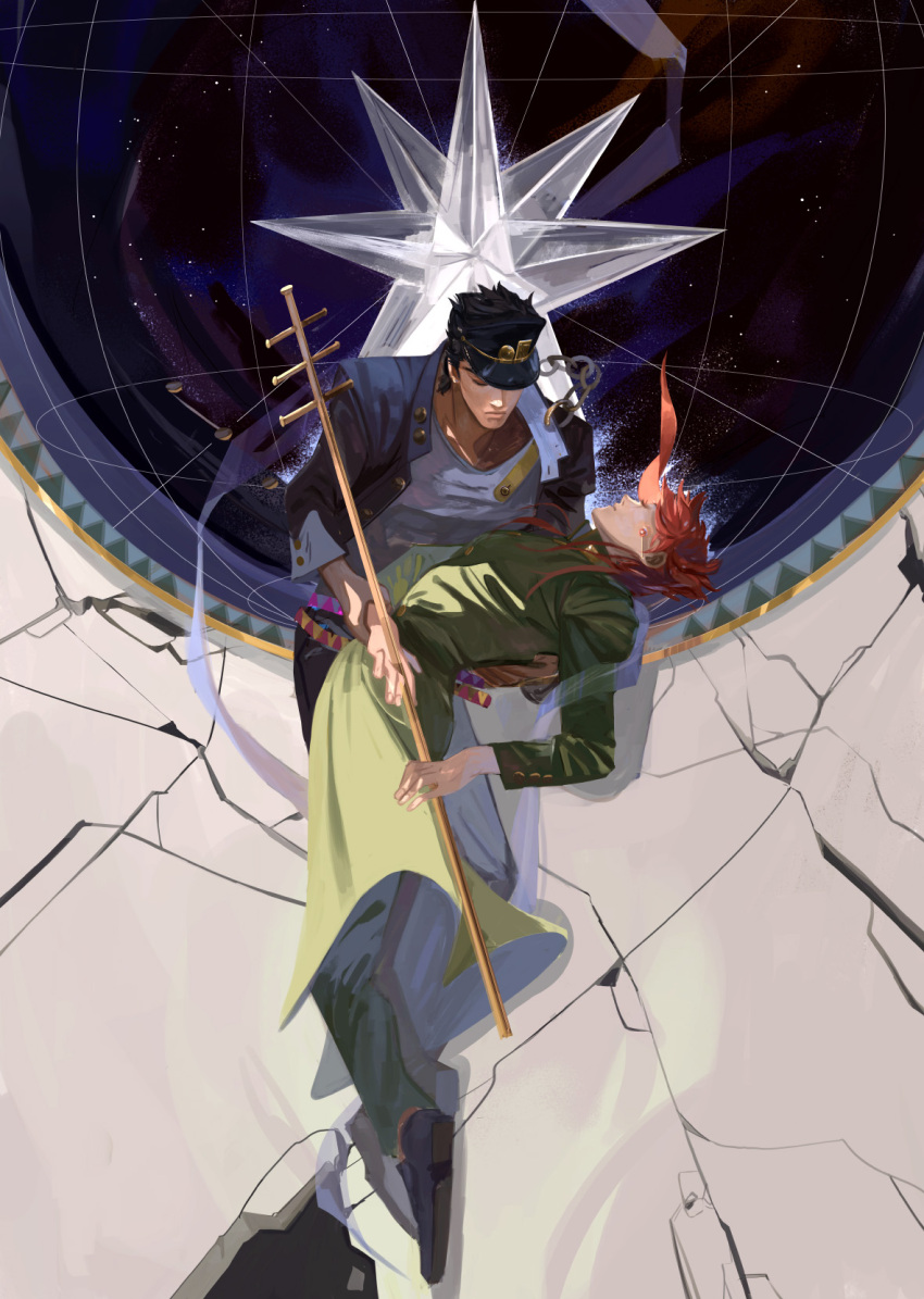 2boys, amei, black_hair, carrying, chain, closed_eyes, crack, earrings