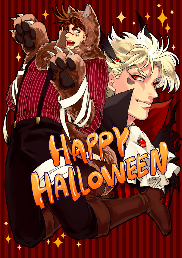 2boys, bear_hood, blonde_hair, brown_hair, caesar_anthonio_zeppeli, fingerless_gloves, gloves, halloween