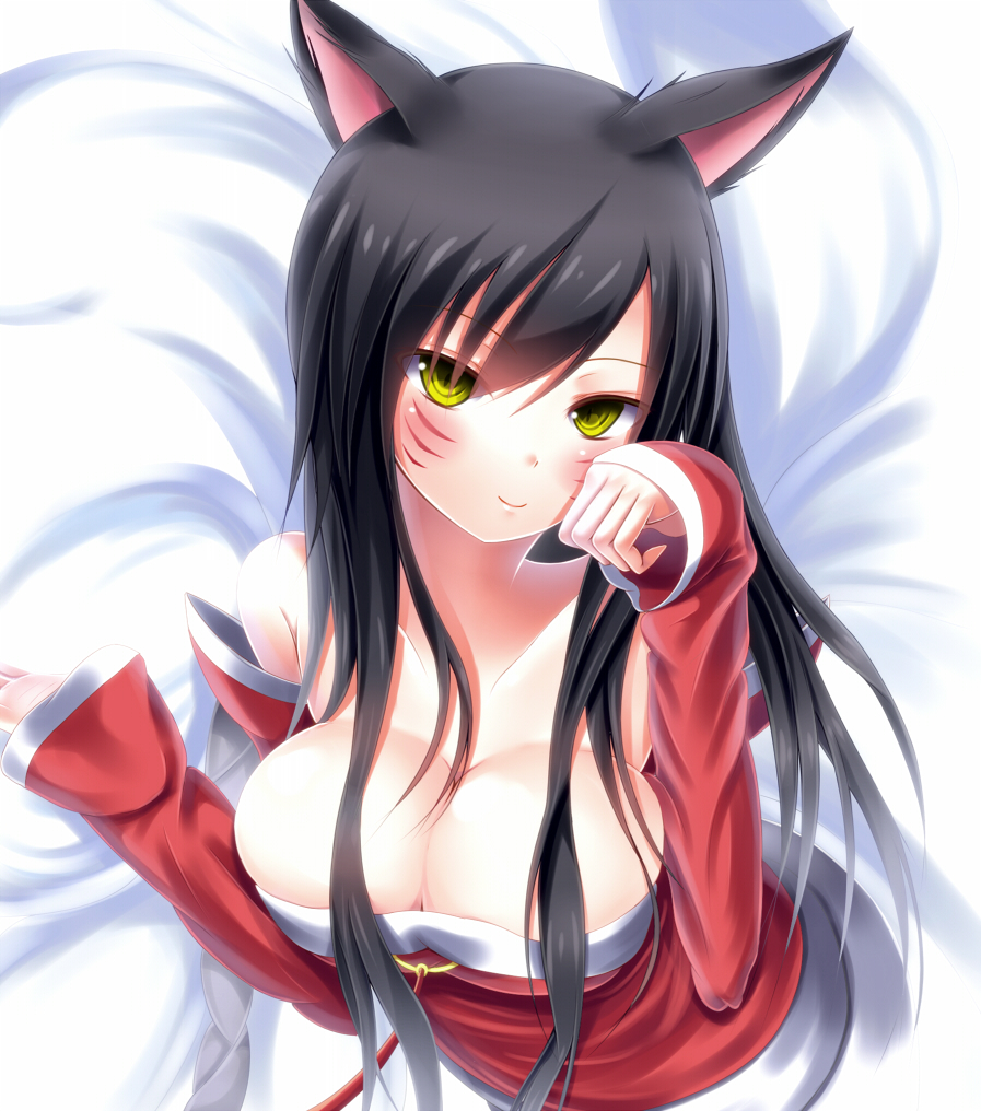 1girl, ahri, animal_ears, black_hair, breasts, fox_ears, fox_tail, kiseno, league_of_legends, solo, tail
