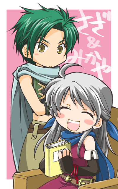 1boy, 1girl, :d, ahoge, bare_shoulders, belt, blush_stickers, book