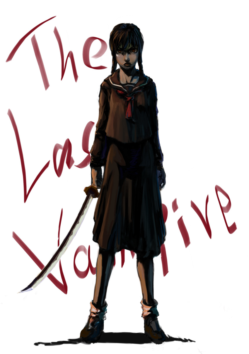 1girl, absurdres, black_hair, blood_the_last_vampire, braid, highres, katana, lips, long_hair, luyow-wah, red_eyes, saya_(blood_the_last_vampire), school_uniform, serafuku, skirt, solo, sword, twin_braids, twintails, vampire, weapon