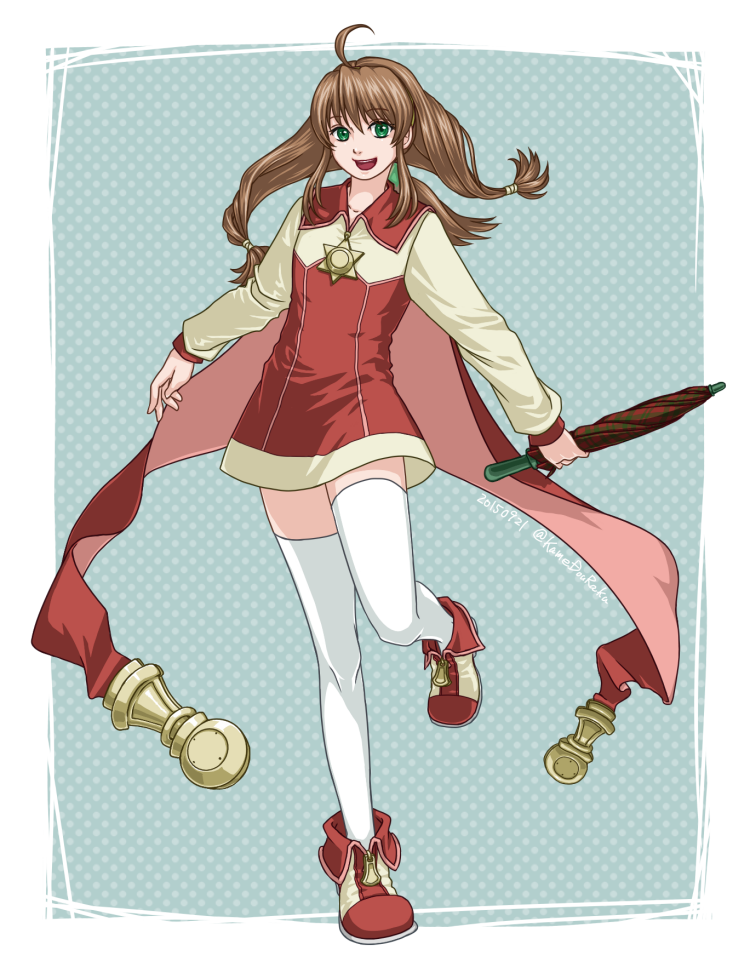 1girl, ahoge, brown_hair, cape, coat, dress, green_eyes, hair_ornament