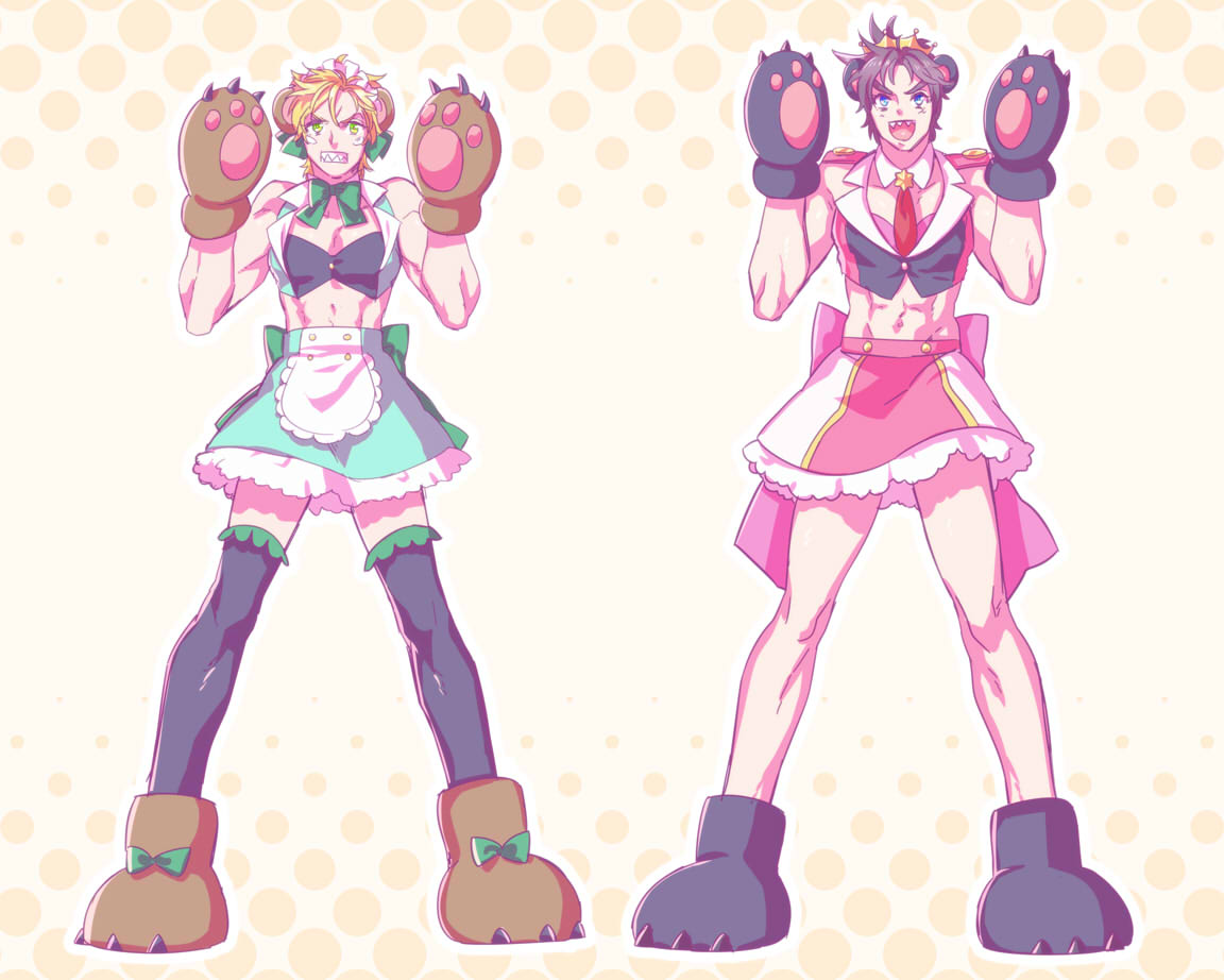 2boys, blonde_hair, brown_hair, caesar_anthonio_zeppeli, gloves, jojo_no_kimyou_na_bouken, joseph_joestar_(young), midriff