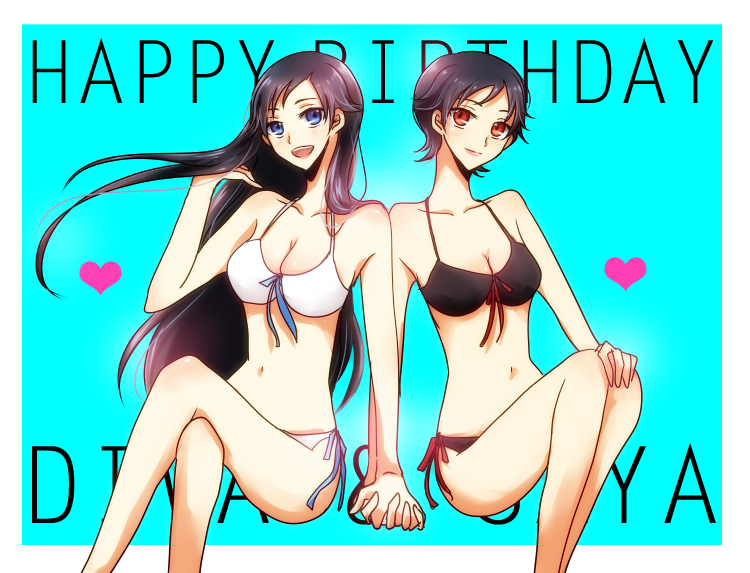 2girls, black_hair, blood, blood+, blue_eyes, breasts, diva, dress