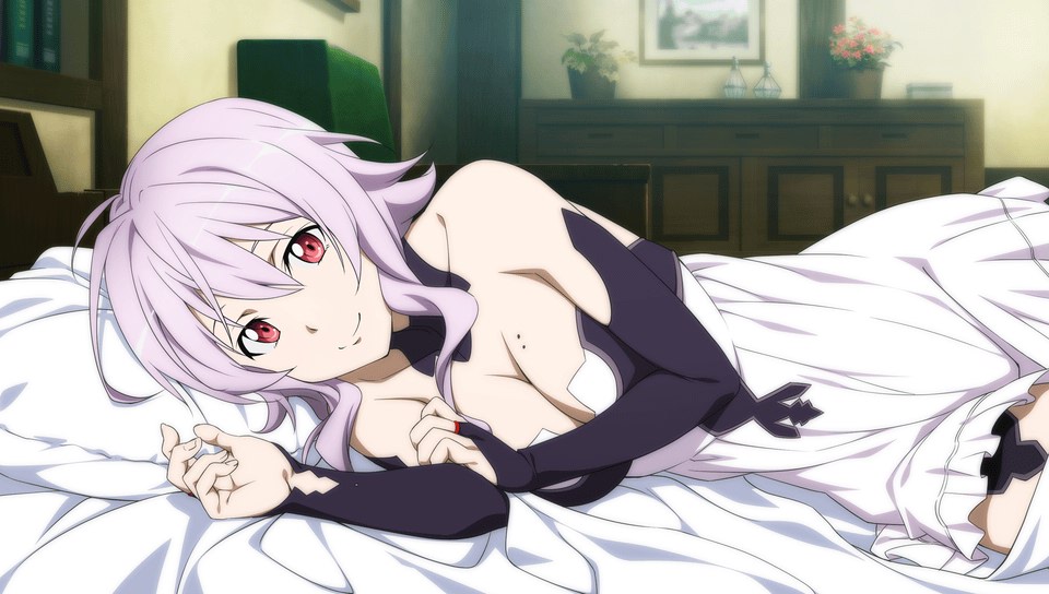 1girl, bed, breasts, cleavage, detached_sleeves, dress, game_cg, indoors
