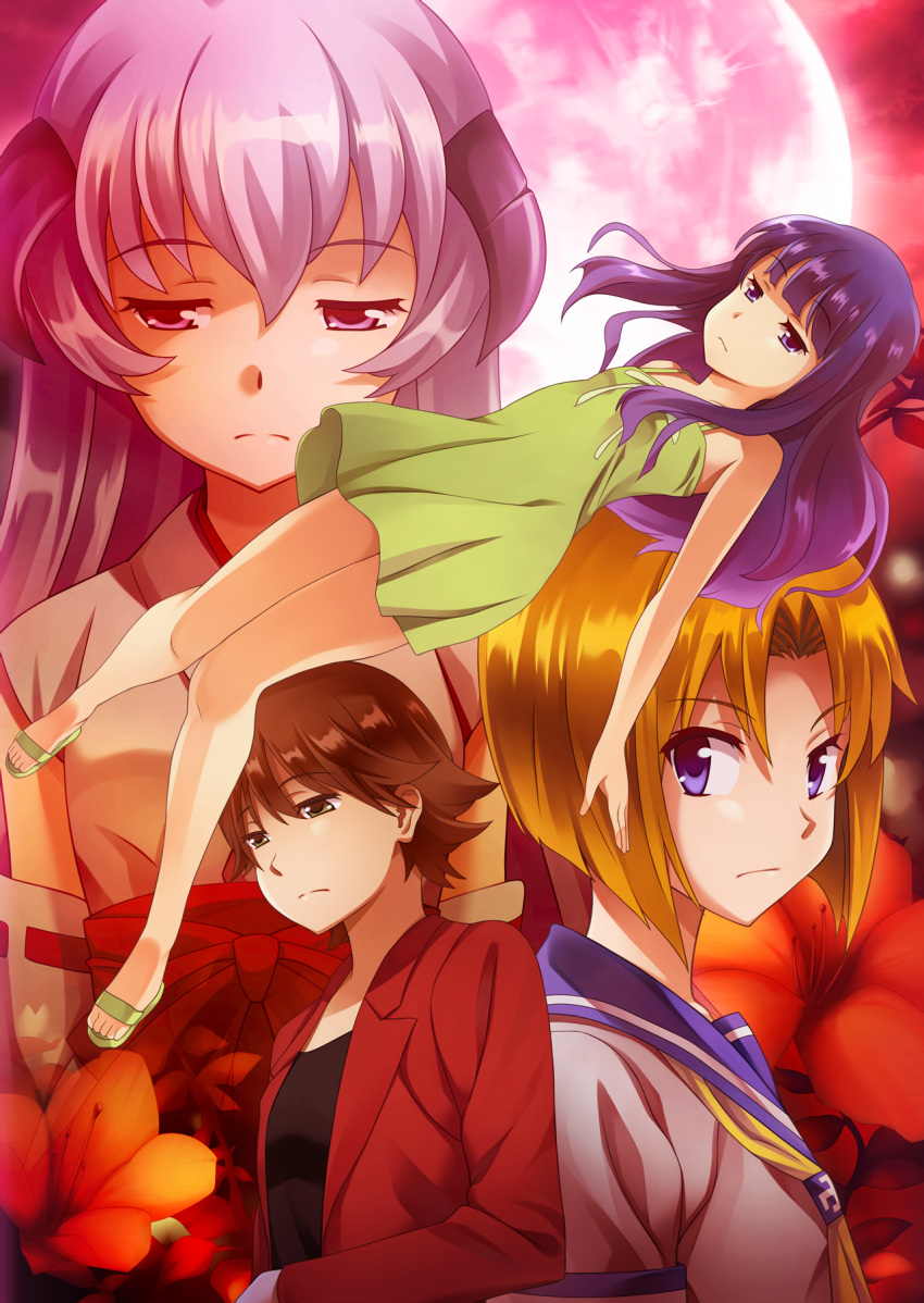 4girls, artist_request, bangs, blue_eyes, blue_hair, brown_eyes, brown_hair, dress, floating, flower, formal, furude_rika, hanyuu, highres, higurashi_no_naku_koro_ni, horns, japanese_clothes, long_hair, looking_at_viewer, looking_down, miko, minai_tomoe, moon, multiple_girls, official_art, orange_hair, purple_hair, ryuuguu_rena, sandals, school_uniform, serafuku, short_hair, suit, violet_eyes