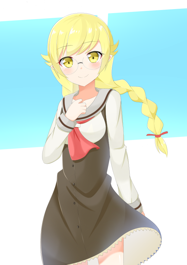 1girl, bespectacled, blonde_hair, braid, glasses, kabukimonogatari, long_hair, monogatari_(series)