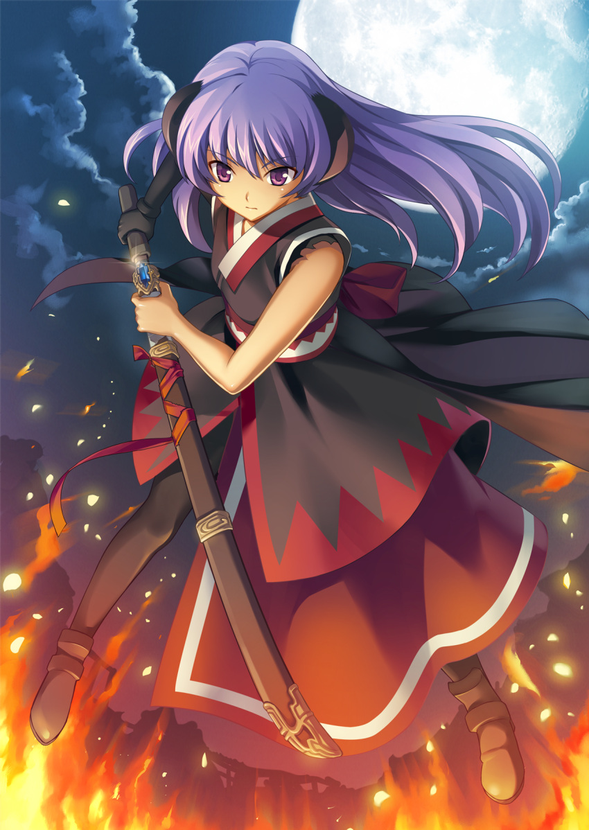 1girl, artist_check, fire, hanyuu, highres, higurashi_no_naku_koro_ni, horns, japanese_clothes