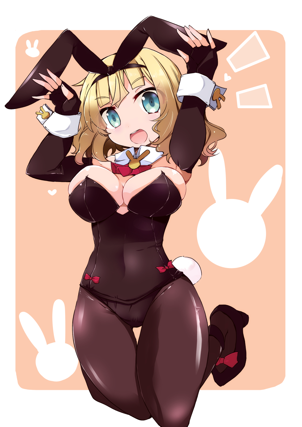 1girl, animal_ears, blonde_hair, bowtie, breasts, bunny_pose, bunny_tail, bunnysuit, detached_collar, fingerless_gloves, gloves, green_eyes, highres, jumping, large_breasts, pantyhose, rabbit_ears, saionji_usagi, shirogane_(platinum), short_hair, tail, taimadou_gakuen_35_shiken_shoutai, wrist_cuffs