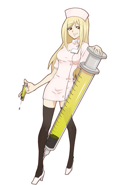 1girl, bangs, blonde_hair, hat, high_heels, higurashi_no_naku_koro_ni, long_hair, looking_at_viewer, nurse, nurse_cap, parted_bangs, smile, solo, syringe, takano_miyo, thigh-highs, white_background, yukitsuki_hisa, zettai_ryouiki