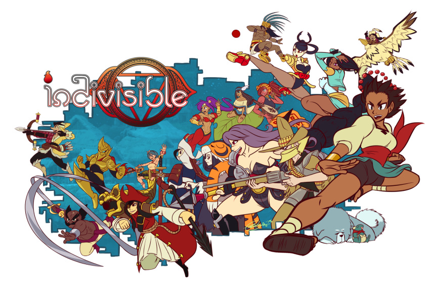 1girl, 6+boys, 6+girls, ajna_(indivisible), ankle_wraps, beads, bike_shorts, black_eyes