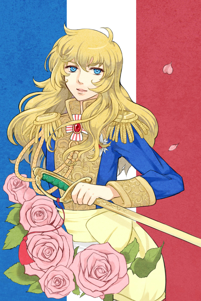 1girl, absurdres, blonde_hair, blue_eyes, brooch, epaulettes, flower, french_flag