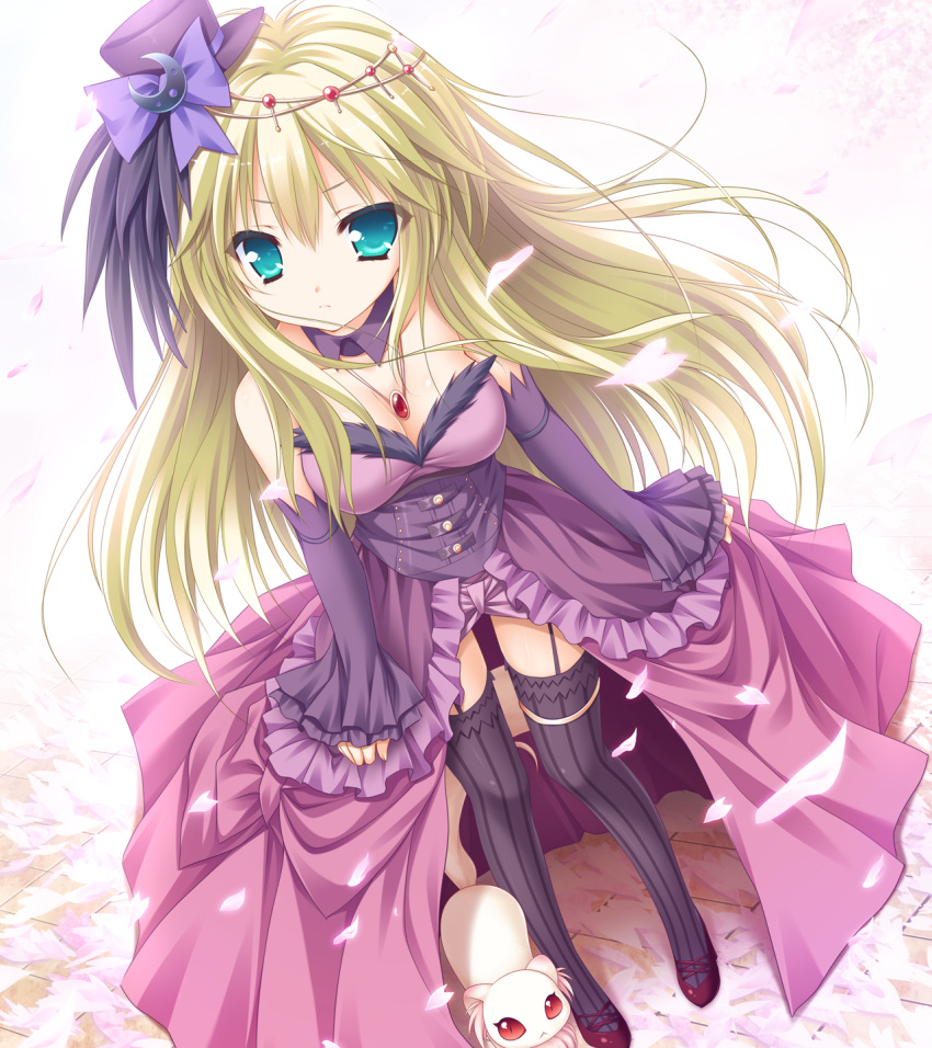 1girl, animal, black_legwear, blonde_hair, blue_eyes, breasts, cleavage, garter_straps