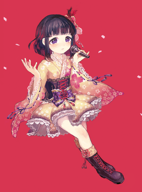 1girl, black_hair, boots, corset, flower, hair_flower, hair_ornament, idolmaster