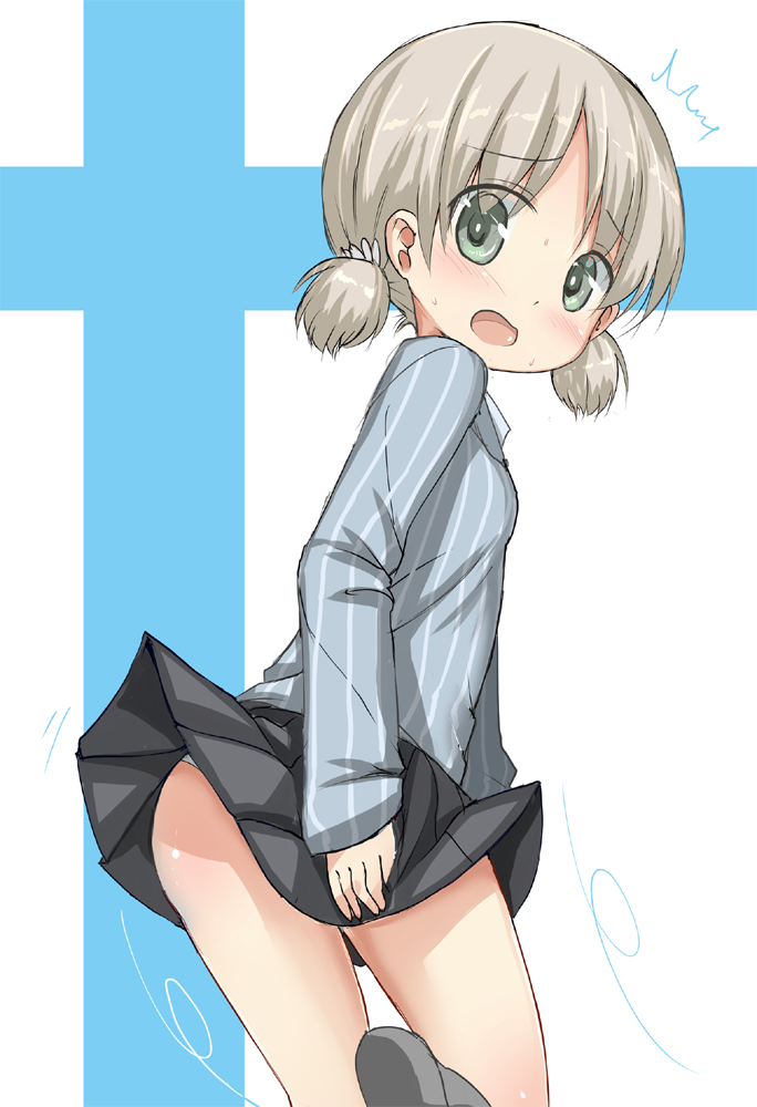 /\/\/\, 1girl, aki_(girls_und_panzer), blush, brown_hair, embarrassed, from_behind, girls_und_panzer